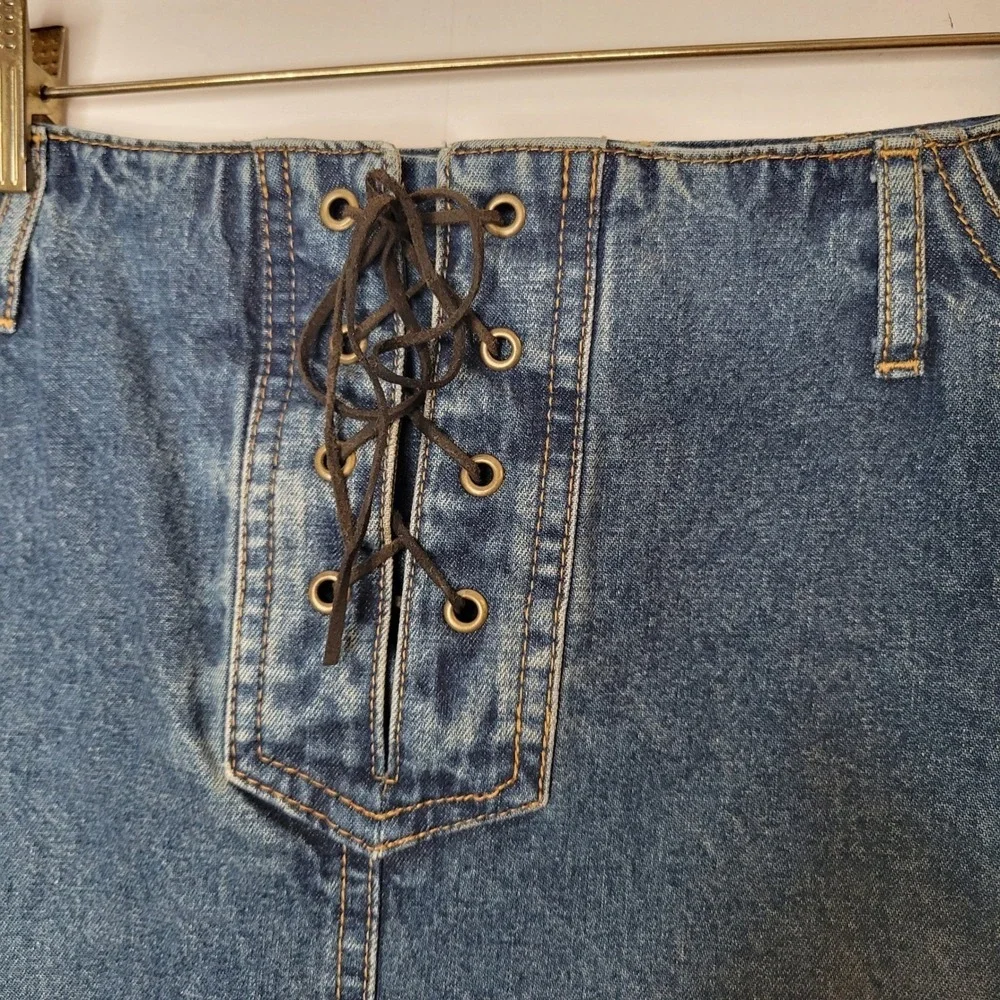 Classic Blue Denim Midi Skirt with Lace-Up Front - Picture 10 of 15